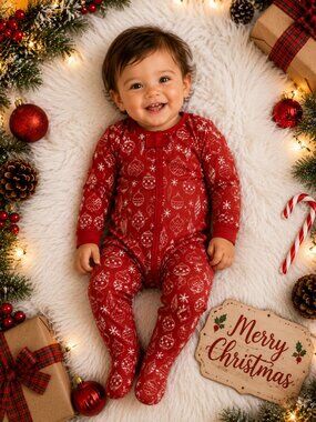 NWT Macy's Family PJs Christmas Footed Sleeper 18M Red Ornament Print
